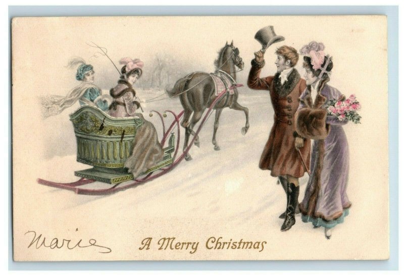 C.1910 Christmas Sled Ride Hand Colored M. Munk Austria Vintage Postcard P78