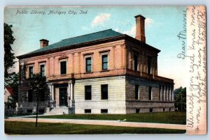 Michigan City Indiana Postcard Public Library Building Exterior View 1907 Posted