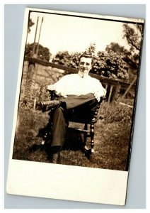 Vintage 1910's RPPC Postcard - Man Sits in Rocking Chair in the Garden Farm