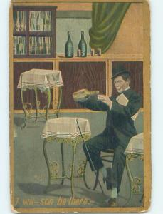 Pre-Linen alcoholism comic MAN IN RESTAURANT POURING HIMSELF A DRINK HL3042