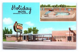 Holiday Motel Springdale Arkansas Postcard Old Cars Swimming Pool 