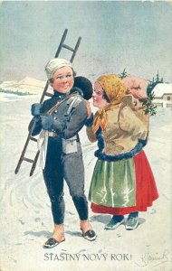 Smiling chimney sweep and girl New Year luck greetings 1928 Czech Republic 