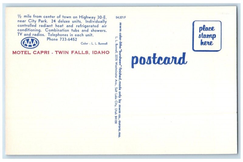 c1960's Motel Capri Roadside Twin Falls Idaho ID Unposted Vintage Postcard