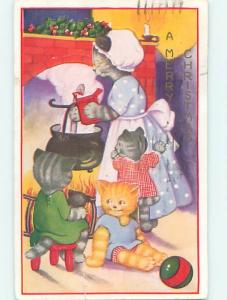 Pre-Linen christmas HUMANIZED KITTENS WATCH MOTHER CAT COOKING SOUP HQ7167