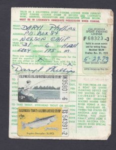 1973 CALIF FISHING LICENSE W/$1 INLAND WATERS + $2 TROUT & SALMON W/REGISTRY TAG