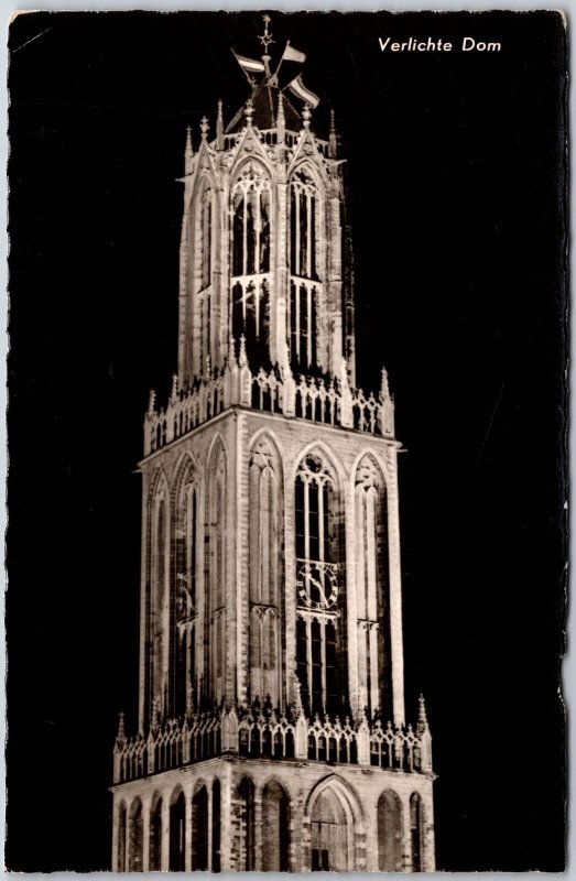 Verlichte Dom Utrecht Netherlands Real Photo RPPC Postcard