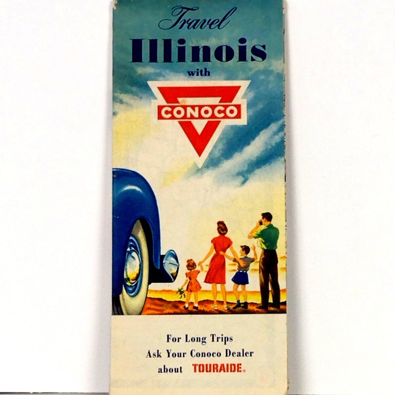 Circa 1950 Illinois Travel Road Map Conoco Dealer Hottest Brand Going