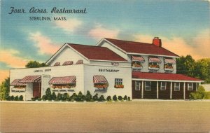 Linen Postcard Four Acres Restaurant Sterling MA Route 12 Worcester Co. Unposted