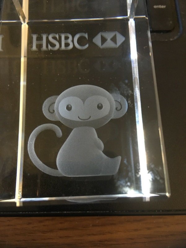 Vintage HSBC Bank Monkey Advertising Glass Crystal Paperweight w/ original box