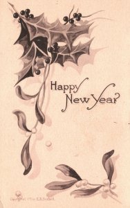 Vintage Postcard 1910's A Happy New Year Greetings Card Holly Berries