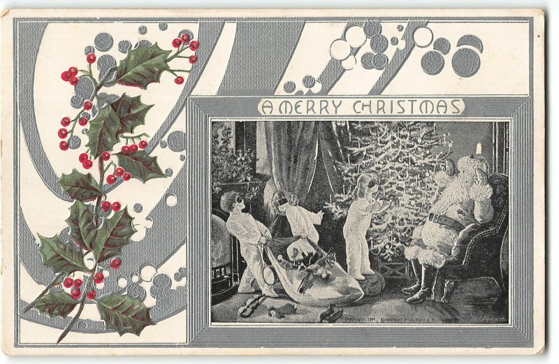 MERRY CHRISTMAS POSTCARD Art Nouveau Silver Bubbles, Photo Inset of Santa & Kids