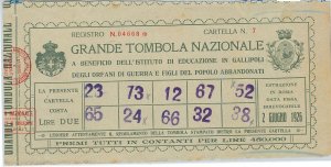 60701 - BIGLIETTO / CARTELLA TOMBOLA d'Epoca - GALLIPOLI  1926   ORFANI