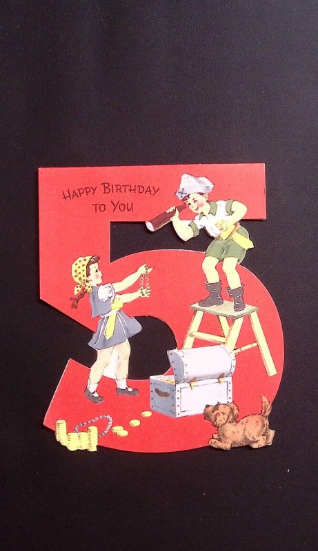 1950s HAPPY BIRTHDAY 5 YEAR OLD PIRATE TREASURE CHEST PUPPY DIE CUT CARD Z555