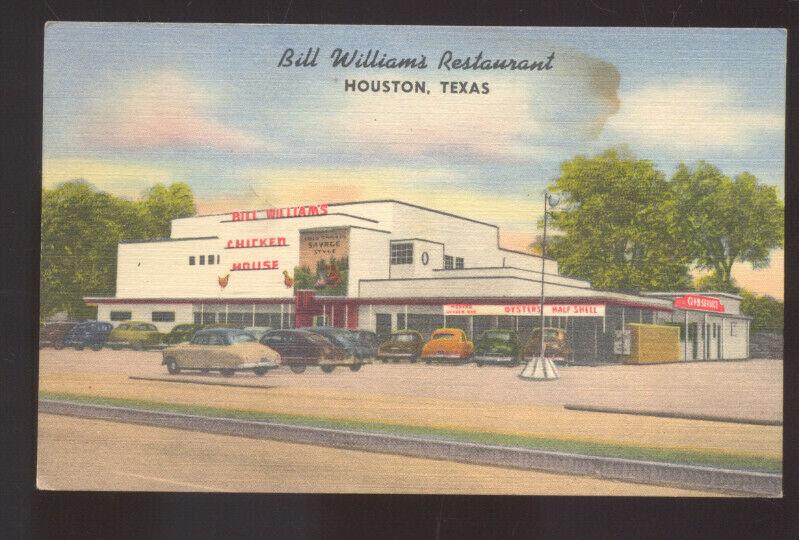 HOUSTON TEXAS BILL WILLIAMS RESTAURANT LINEN ADVERTISING POSTCARD OLD CARS