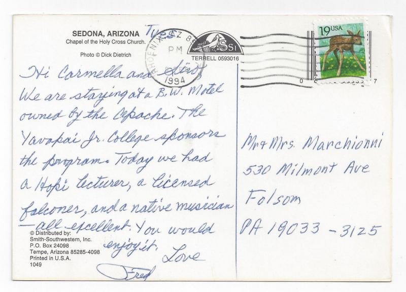 Sedona AZ Chapel of the Holy Cross Church Desert Dick Dietrich 1994 Postcard 4X6