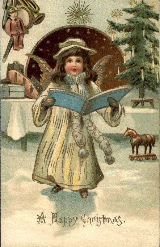 Christmas - Angel Child w/ Song Book c1905 GILT EMBOSSED Postcard