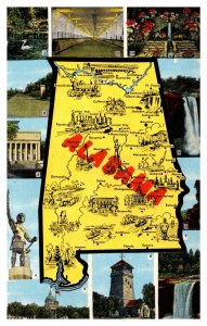 Vintage 1940s Postcard Map of the State of Alabama with Landmarks