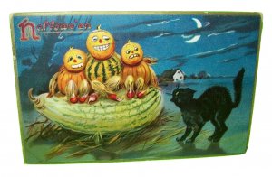 Fantasy Halloween Postcard Tuck Anthropomorphic Goblins Black Cat Pumpkin People