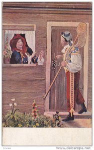 Man carrying butterfly net talking to woman through window, 00-10s