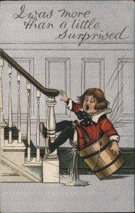 Little Boy Falls Down Stairs Into Bucket of Water Comic c1910 Vintage Postcard