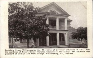 Williamsburg Virginia VA American History Saunders House c1920s Postcard