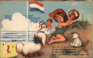 Netherlands Little Girl and Boy Beach Ball on Beach Vintage Postcard