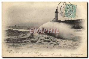 Old Postcard Eu La Jetee a Storm Lighthouse Day