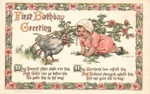 Vintage Postcard 1910's First Happy Birthday Greetings Little Girl and Chicken