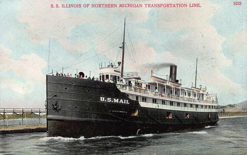 S. S. Illinois of Northern Michigan Line, Postcard, Used in 1909, R.P.O. Cancel