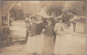 RPPC College Girls Letter A Sweater Woman Horseback c1906 Postcard B29