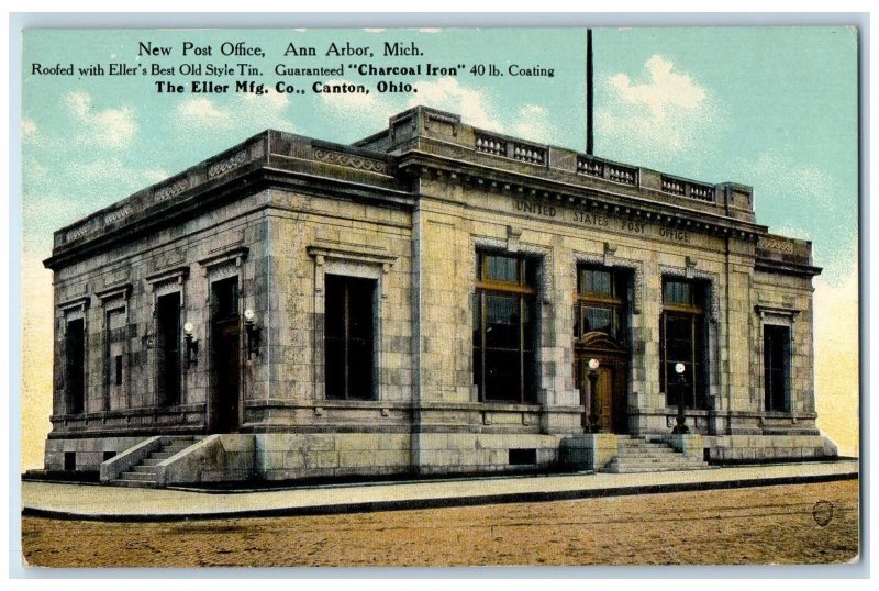 c1950 New Post Office Old Style Tin Charcoal Iron Building Ann Arbor MI Postcard