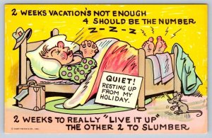 Slumber Rest After 2 Weeks “Live It Up” Vacation, Vintage 1955 Comic Postcard