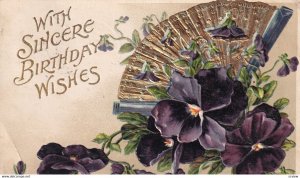 BIRTHDAY, PU-1907; Sincere Wishes, Purple Pansies & Gold Hand Fan