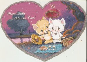 Two funny kittens Modern Italian Greetings , a heart shaped postcard