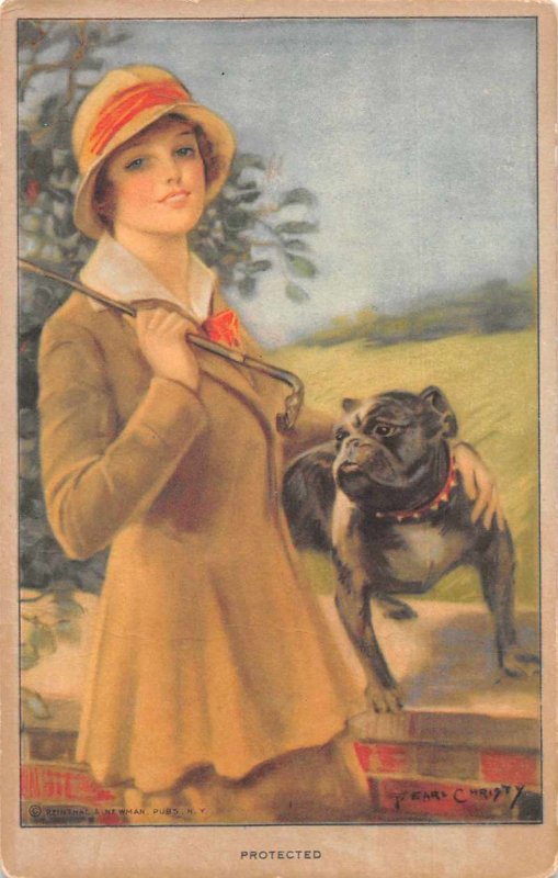 Woman with Pug Bulldog Protected Vintage Postcard JJ658776