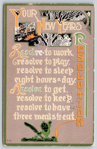 New Year Resolutions~ART DECO~Sleep 8 Hours~Eat 3 Meals~Work Play Get Keep~1915