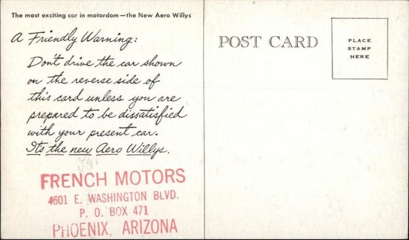 Aero Willys Car Auto Advertising French Motors Phoenix AZ Dealership Postcard