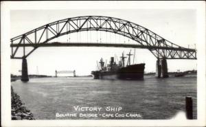 Cape Cod Canal Bourne Bridge & Ship Real Photo Postcard