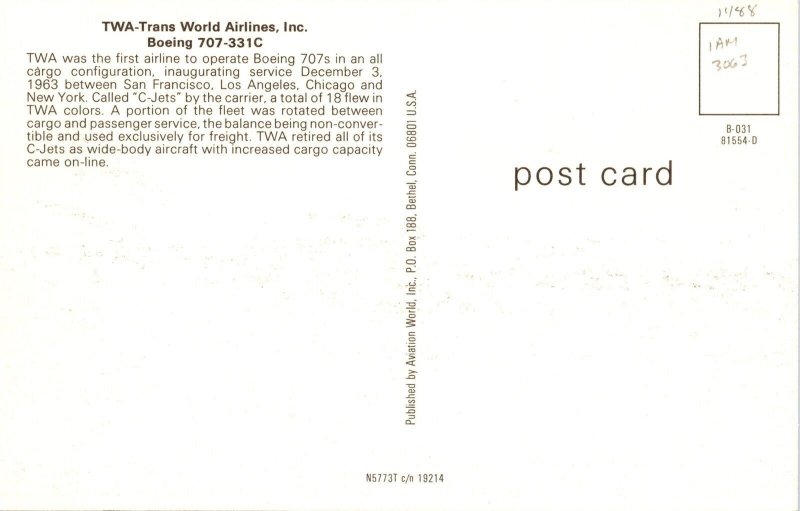TWA Trans World Airlines Boeing 707-331C Postcard J44