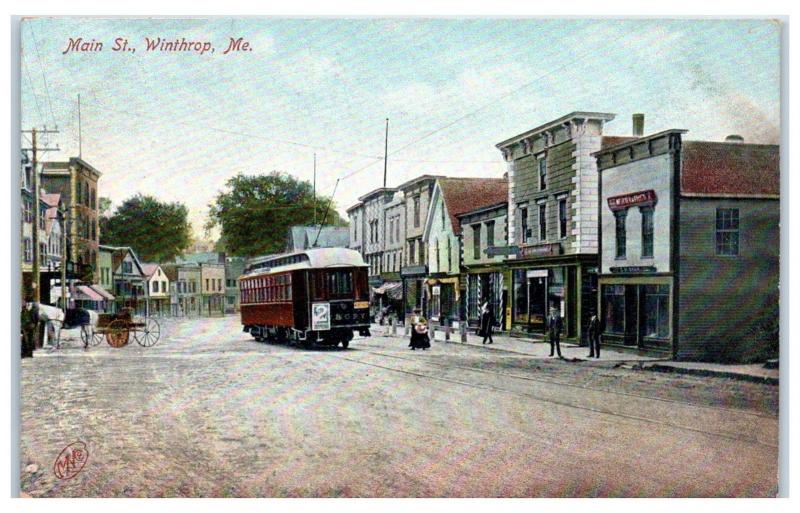 Early 1900s Main Street w/ Street Car, Winthrop, Maine Postcard