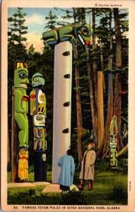 Linen Postcard Famous Totem Poles in Sitka National Park, Alaska