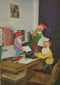 Toy Garden Gnomes Typing On Antique Typewriter Postcard