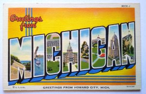 Greetings From Howard City Michigan Large Big Letter Postcard Linen Curt Teich