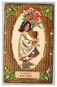 Vintage 1911 Birthday Postcard - Gold Weave Face Cute Girl Pink Roses