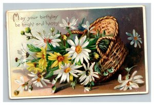 Vintage 1909 Tuck's Birthday Postcard Yellow & White Flowers Basket NICE