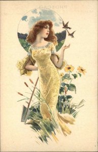 Art Nouveau Beautiful Woman Birds Shovel Phoscao Adv c1910 Postcard