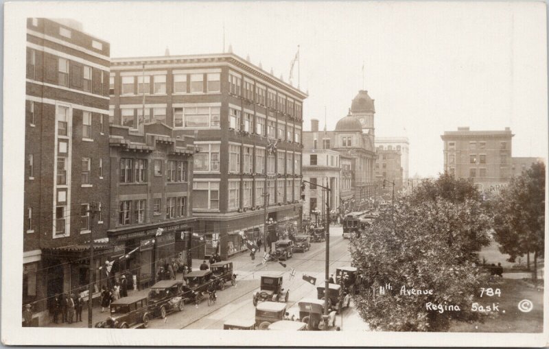 11th Avenue Regina Saskatchewan SK Trolley Street Flags Real Photo Postcard E99