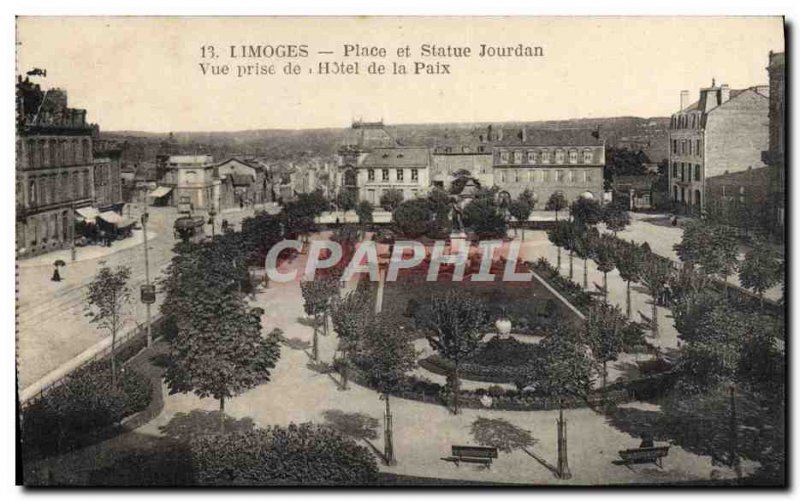 Old Postcard Limoges Place Jourdan and Statue View Jack L & # 39Hotel Peace