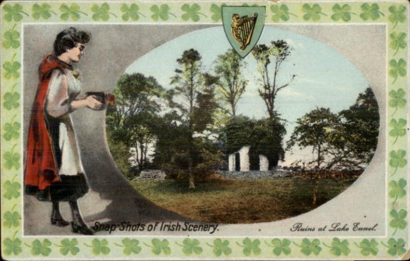 Snap-Shots - Ireland - Ruins of Lake Ennel Beautiful Woman w/ Camera Postcard