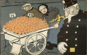 Art Deco Police Officer Cop Eyeing Orange Sellers Street Vendors Postcard